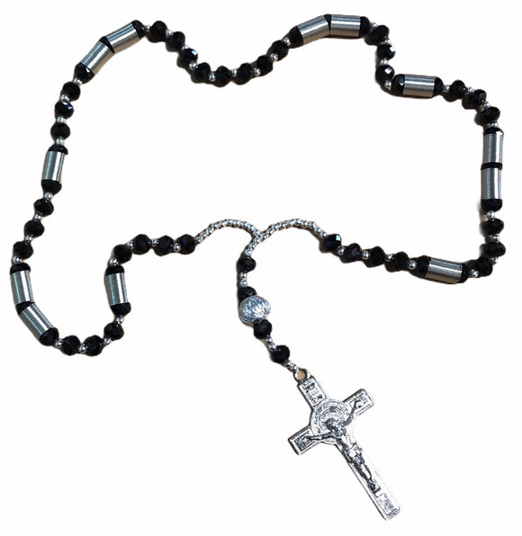 Thick Black Rosary w/ Silver Detailing